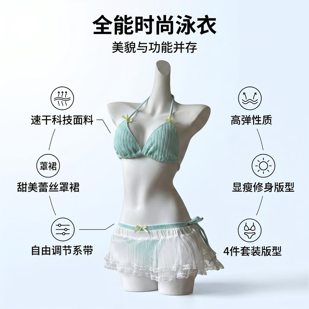 New Bikini Swimsuit Women's Split Four-piece Mesh Blouse Seaside Vacation Hot Spring Meat-covered and Thin Swimsuit