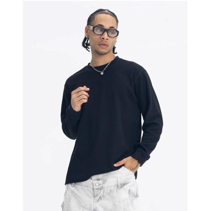 American Street Heavy Weight Round Neck Street Hip-Hop Loose Pure Color Bottoming Men's Heavy Weight Waffle Basic Long Sleeves T-shirt