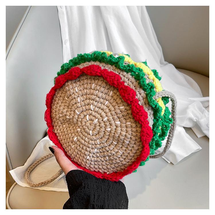 Knit Cute Hamburger Mini Shoulder Bag With Zipper Closure For Casual Travel