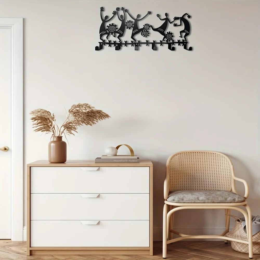 Vintage Wall Key Holder Black Metal 6 Hooks Rustic Iron