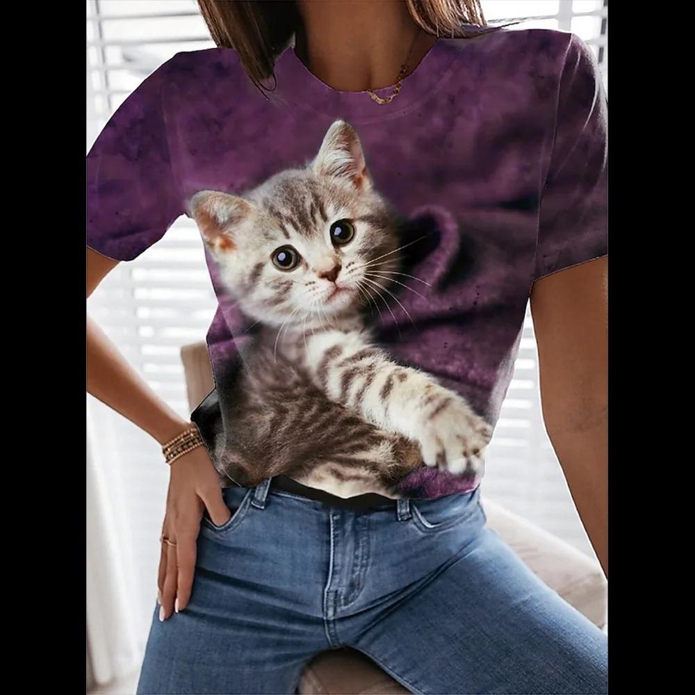 Women 3d Cute Cat Print Fashion Y2k Tops Kawaii Oversized Summer O-Neck Top