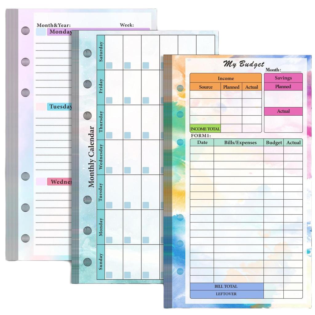A6 Loose-Leaf Refill Pack with 6 Holes: Weekly Budget Planner & Monthly Scheduler Pages