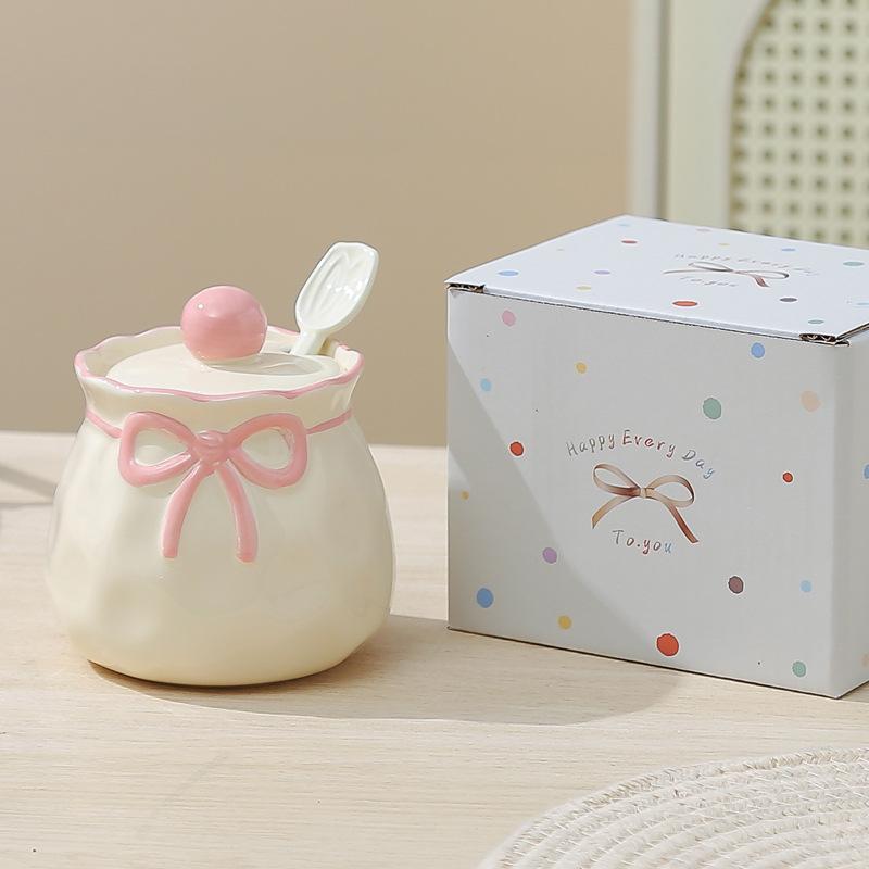 Cute bow seasoning jar kitchen household combination set ceramic seasoning box pepper salt jar spice storage box