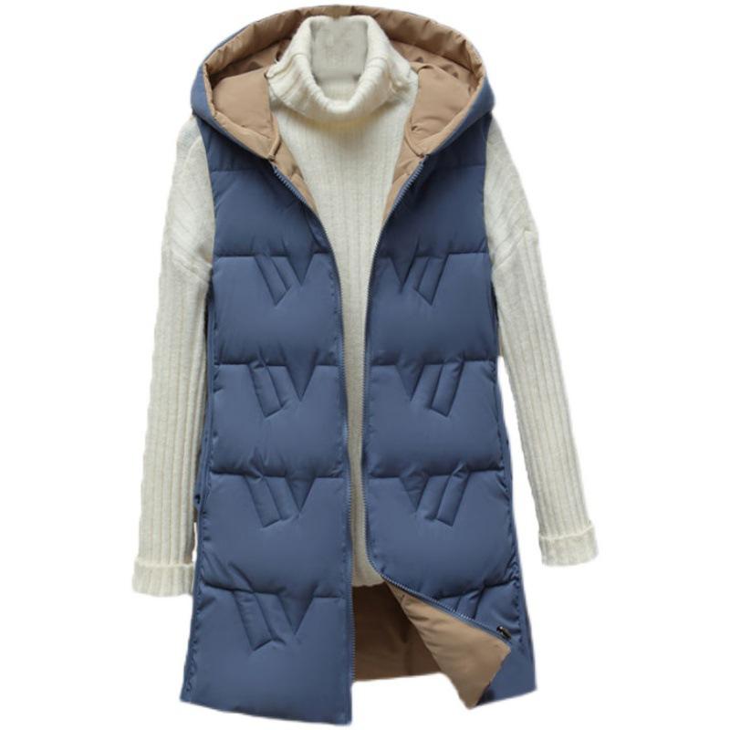 Autumn and Winter Women's Solid Color Loose Vest Hooded Long Reversible Vest Jacket Cotton Padded Women's Windproof Warm Vest