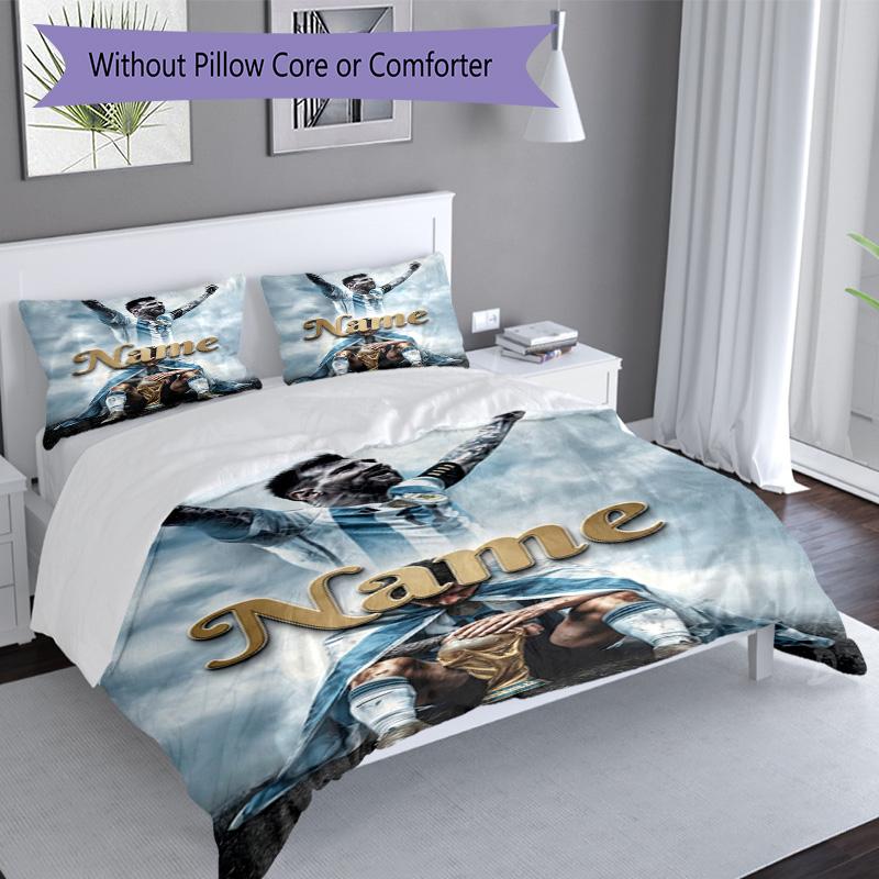 Messi Football World Cup Champion Personalized Name Bedding Set,Smooth Bed Linen for Bedroom Decor,Perfect Souvenir Gift for Soccer Lovers,Microfiber