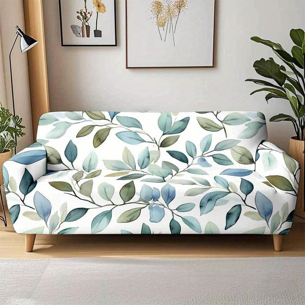 

1pc Watercolor Blue Green Leaf Branch Print Stretch Sofa Cover, Removable Washable Couch Slipcover for Boho Modern Home Decor Single seat