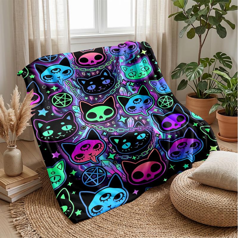 Neon Cat and Butterfly Theme blanket Lightweight Warm Flannel Blanket Decorative Throw Blanket for Home Decoration