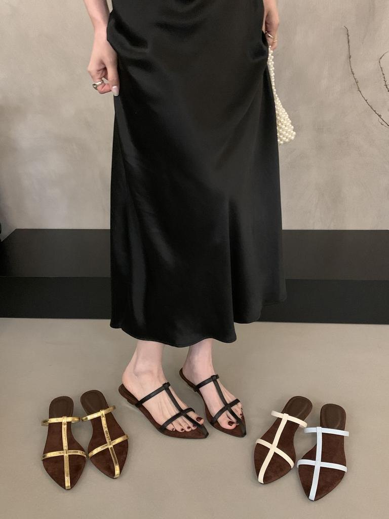 French temperament niche pointed toe low heel slippers women's 2025 new cross Roman cool slippers thin strap half drag