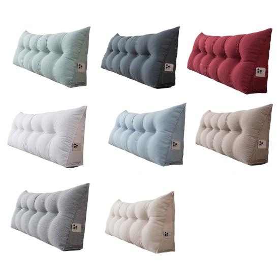 Headboard Pillow with Side Pocket Linen Triangular Headboard Wedge Cushion Bed Bolster Cushion for Shoulder Back Waist Support Dorm Home Bedroom
