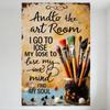 Vintage Art Room Metal Tin Sign - Find My Soul Quote with Paintbrushes, Rustic Wall Decor for Art Studio Home Office Man Cave Ca