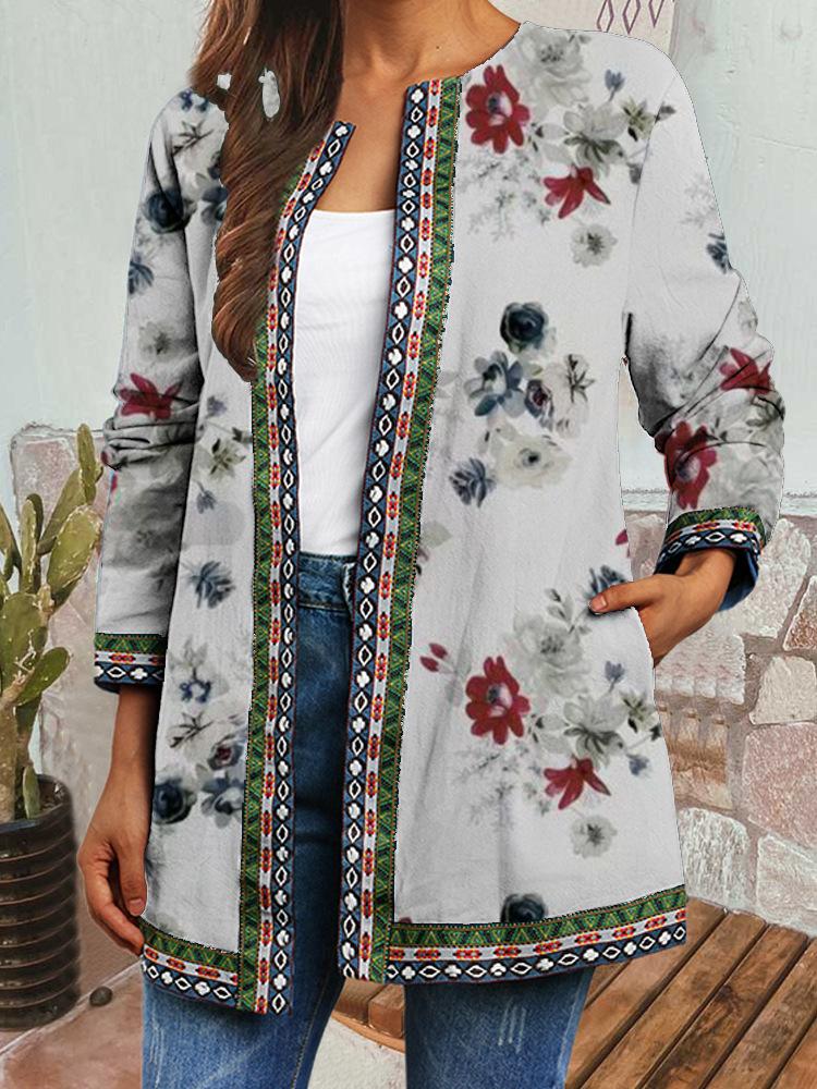 Women's Crew Neck Long Sleeve Cardigan Oversized Vintage Ethnic Print Plus Size Open Front Jacket Casual Outerwear