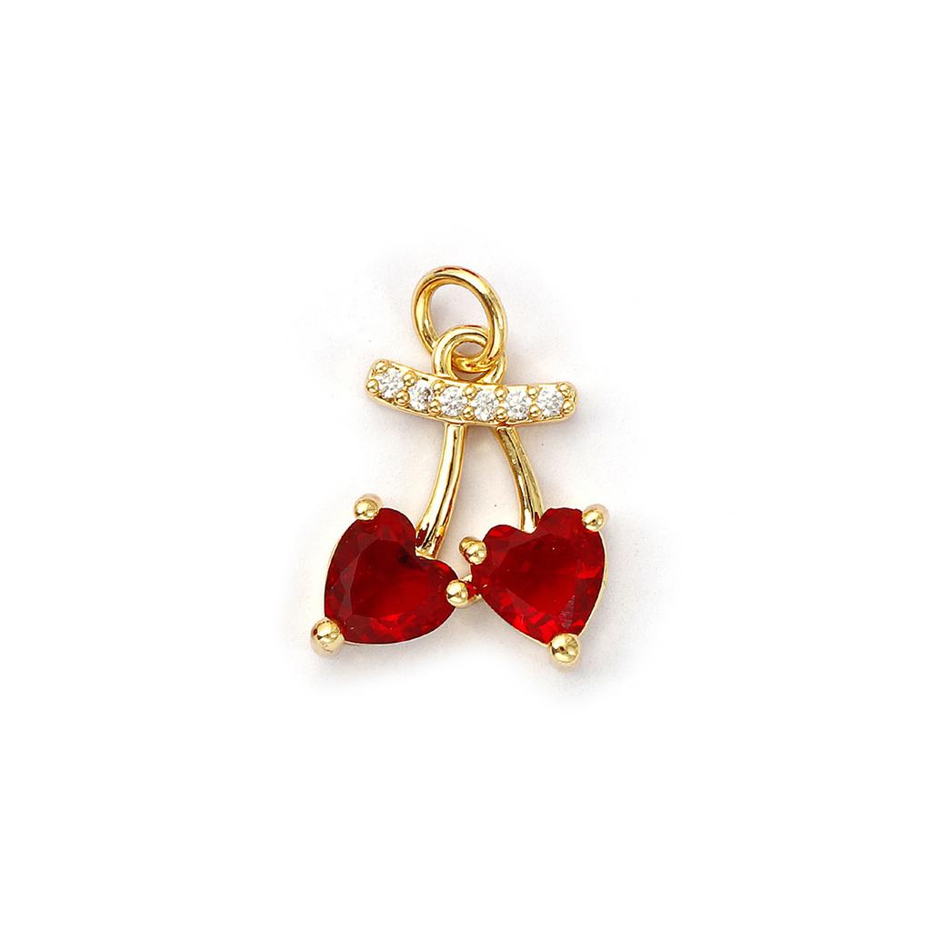 1 Piece Brass Charms 18K Gold Plated Red Cherry Fruit Cubic Zirconia Pendants For Necklace Bracelet Earrings Jewelry Making