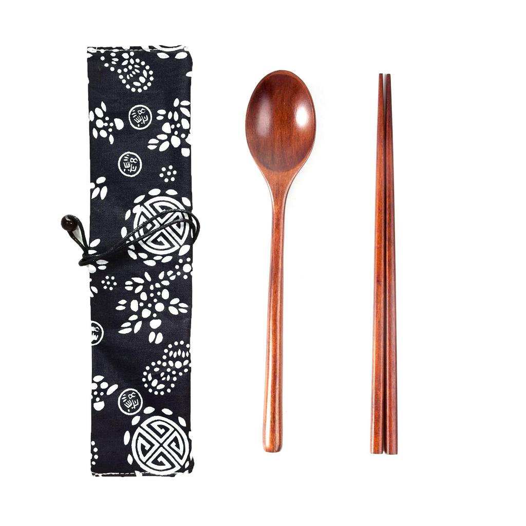 Japanese Wooden Portable Tableware Set: Long-Handled Spoon, Fork, and Chopsticks - Korean Style Three-Piece Set for Outdoor Use.
