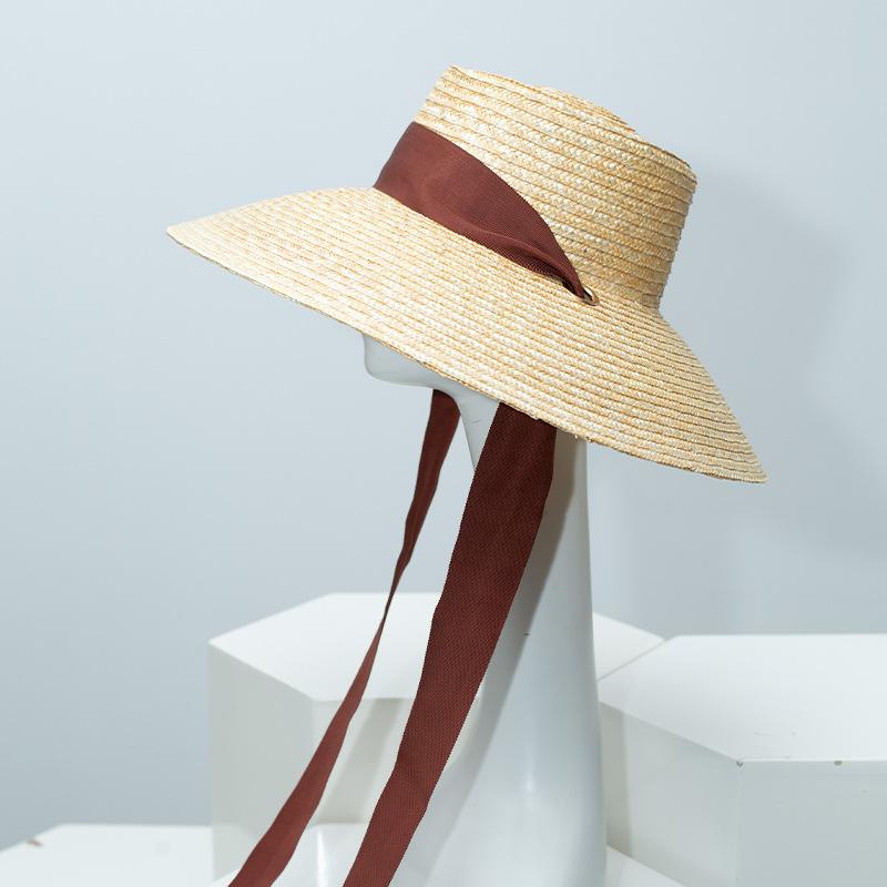 Female Natural Stiff Wheat Straw Boater Hat Summer Flat Top Fedora Hat Women Wide Brim Sun Hats for Travel Beach Jazz Panama New