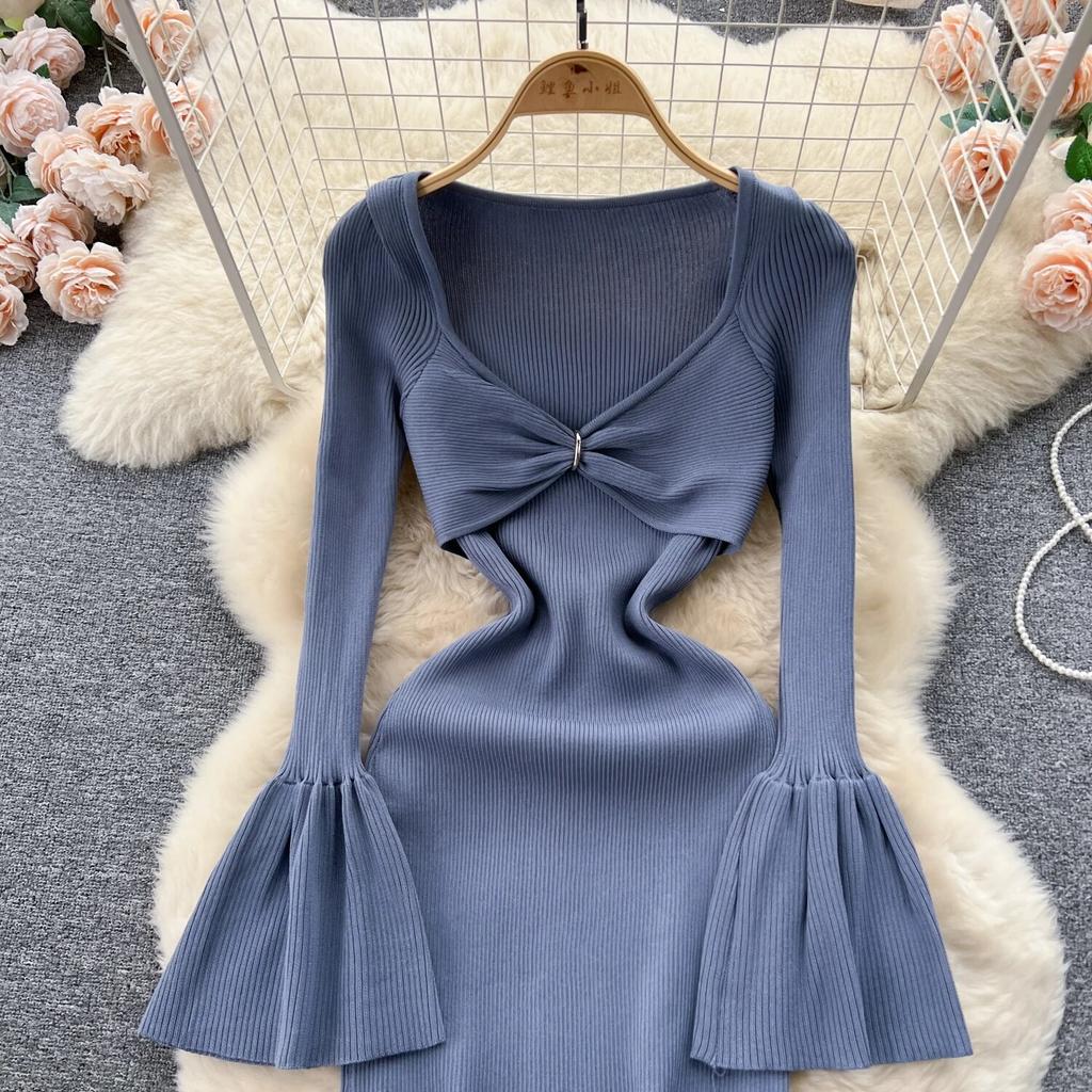 Sexy Bodycon V Neck Flare Pletené šaty s dlouhým rukávem Elegantní Elegantní Vestidos Podzimní Ženy Módní Hip zavinovací šaty