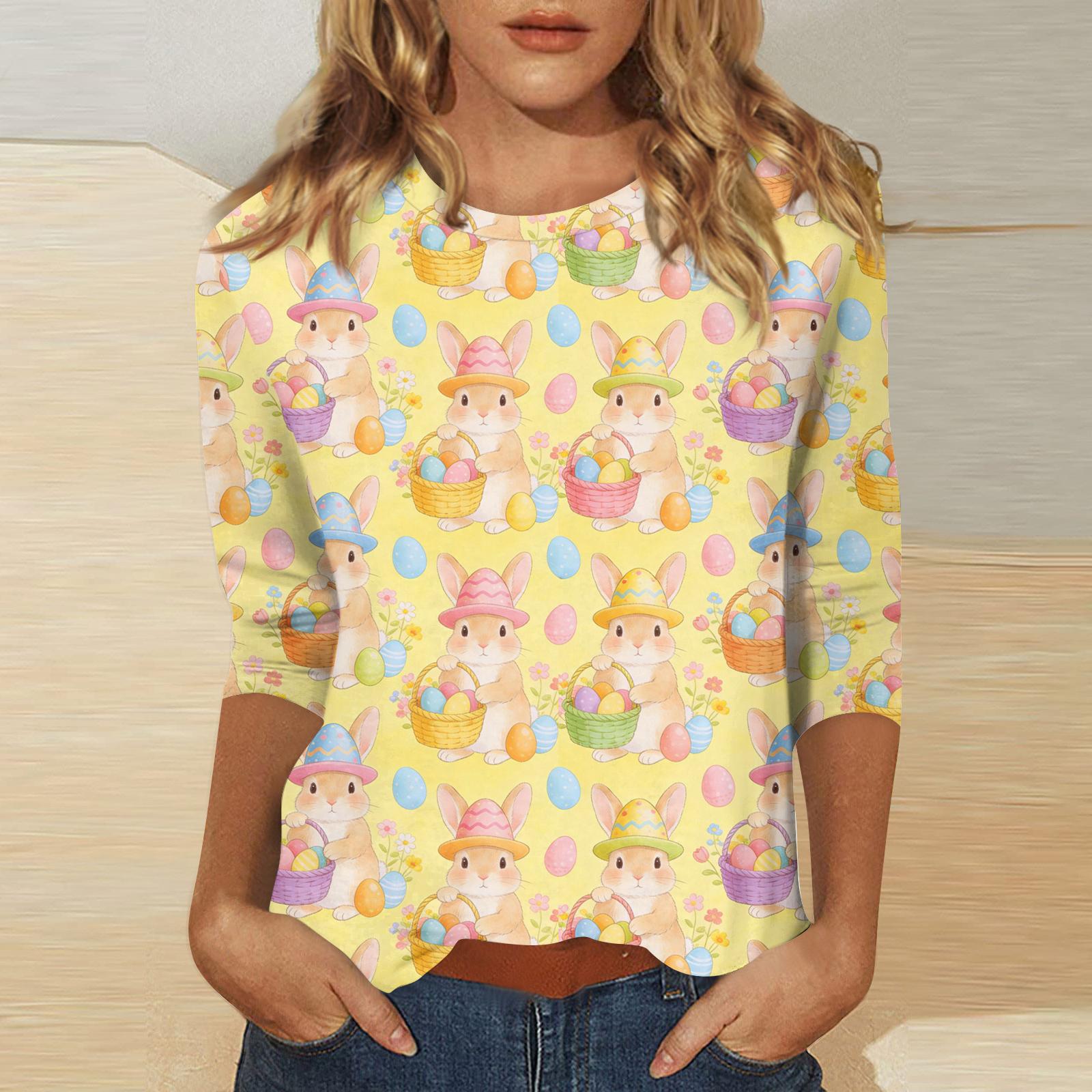 

Ladies Easter Cartoon Print Round Neck Seven Quarter Sleeve Top XL жовтий