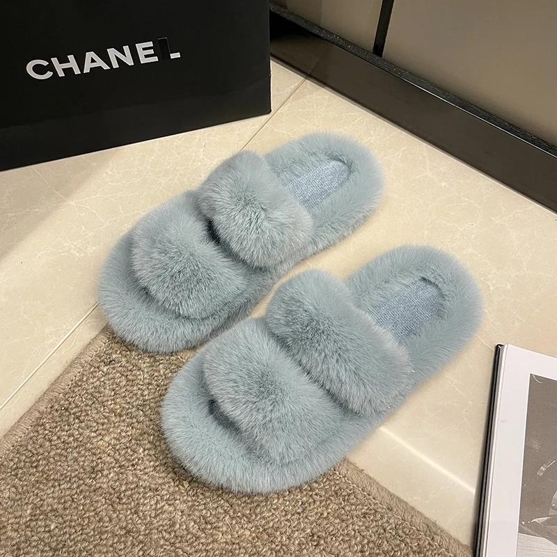 Women Fur Warm Winter Furry Fur Shoes Fluffy Plush Slippers Home House Indoor Shoes Bedroom Slippers Female Ladies Round Toe