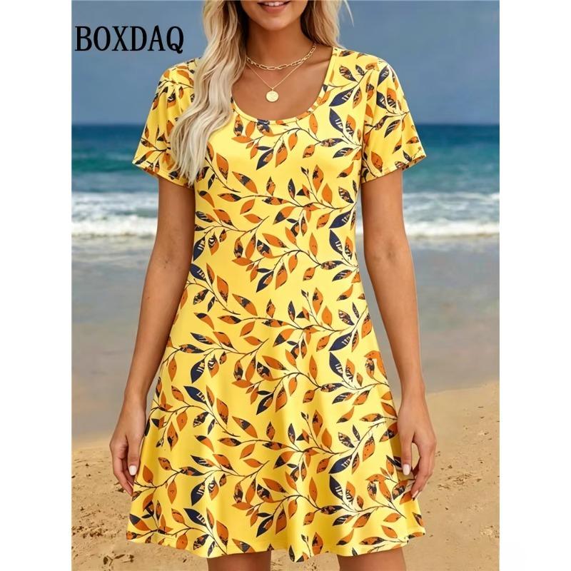 Summer Ladies Leaf 3D Printed Short Sleeve Dress