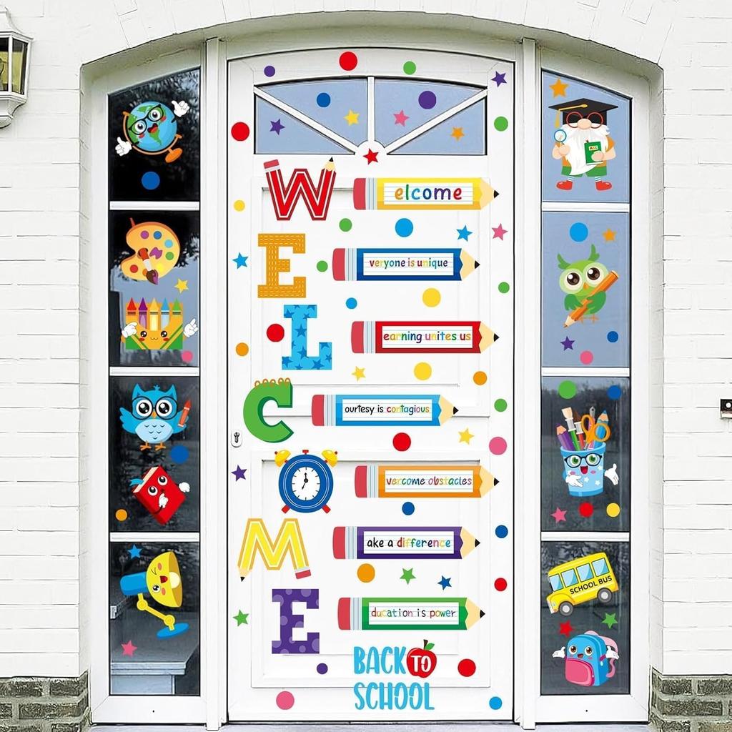 8 Sheets Back to School Window Door Clings, Welcome Window Stickers Bulletin Board Classroom Door Decorations Wall Glass Blackboard pirational