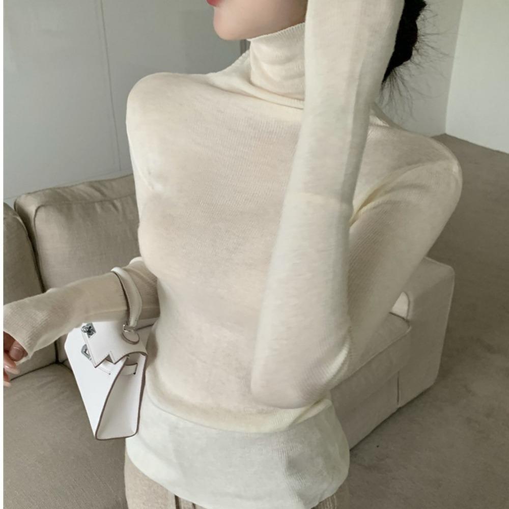 Piled Collar Solid Color All-match Knitted Sweater Women's Autumn and Winter Western-style Slim-fit Coat Inner Knitted Base Shirt