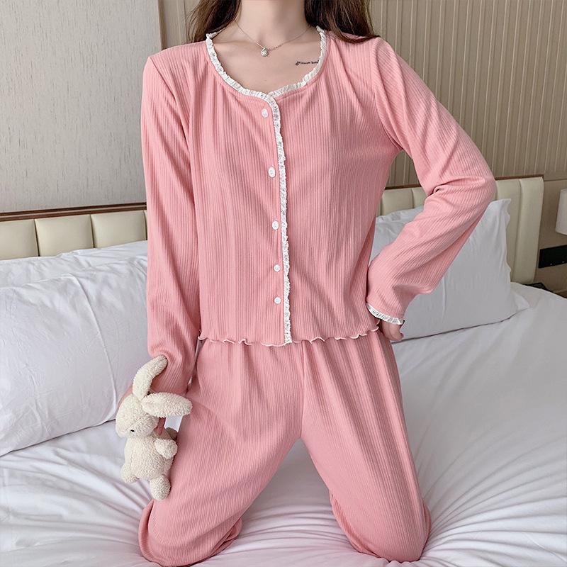 Korean Pink Lace Pajama Set - Spring/Autumn Comfort Wear for Women