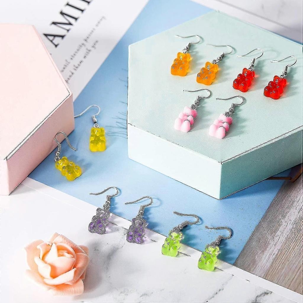 10 Pairs Gummy Candy Bear Earrings Resin Bear Drop Colorful Cartoon Dangle Drop For Women