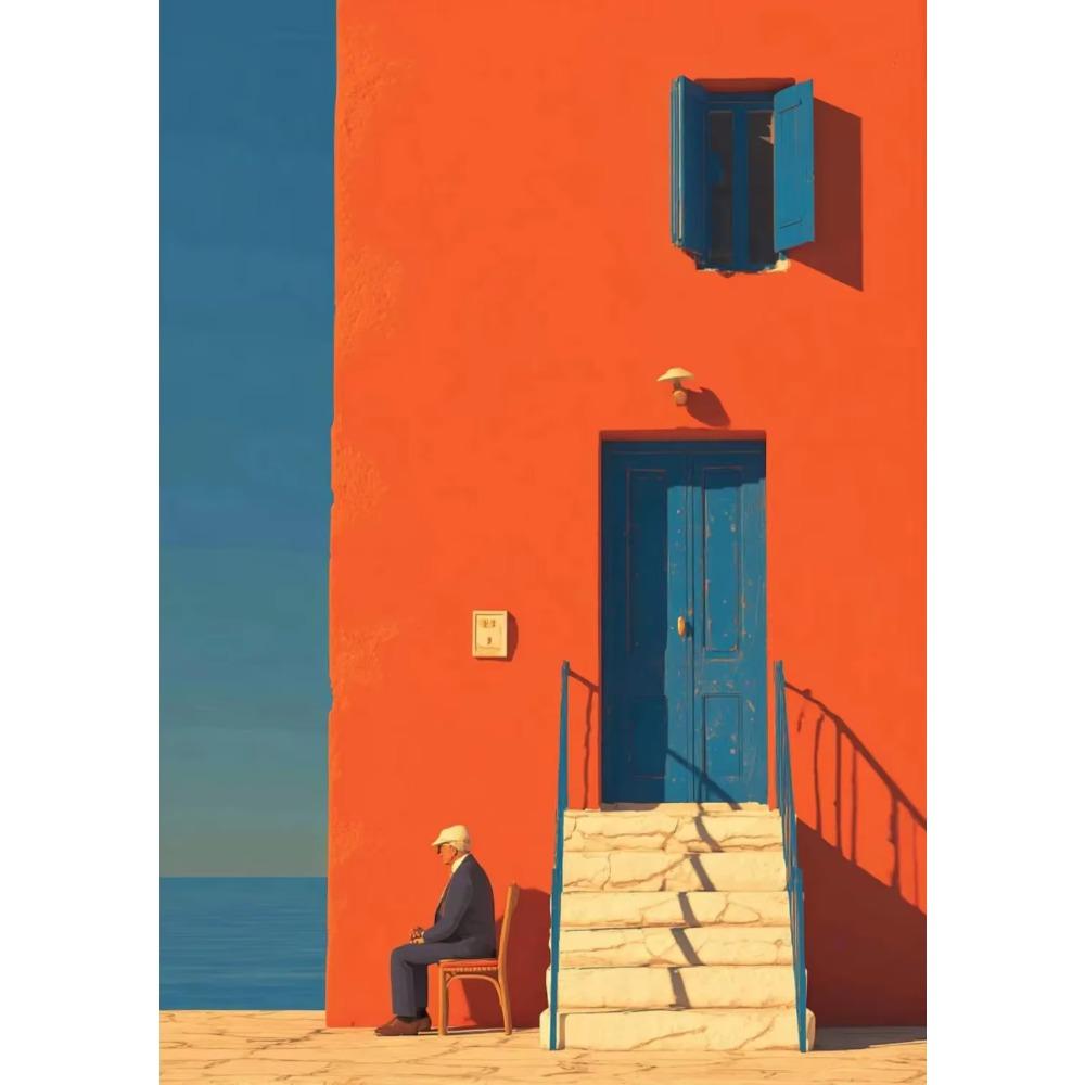 Mediterrane Landschaft Kräftiges Orange Blau Gebäude Küstenblau Sommer Poster Leinwandbild Druck Wandbilder Zuhause