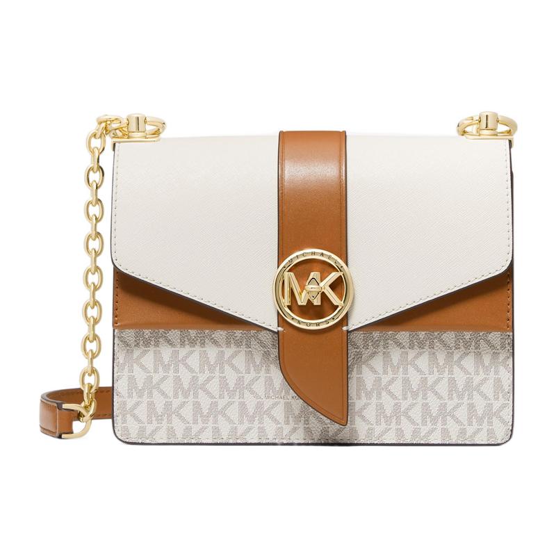 MICHAEL KORS Greenwich letter logo flip solid color chain cowhide crossbody bag regular women s white acorn brown белый