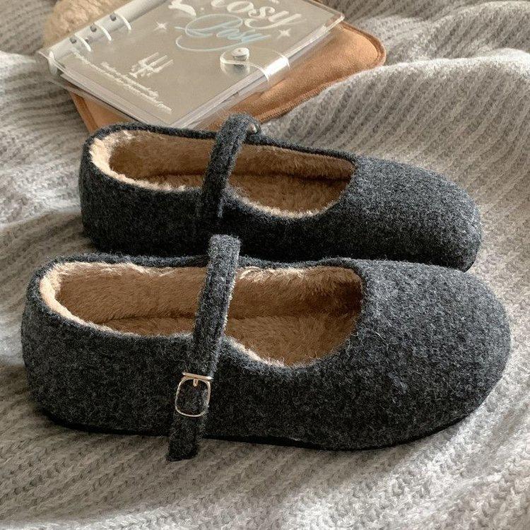 Wear Small Fragrant Wind Fluffy Shoes Female Flat Woolen Mary Jane Velvet Evening Wind Skirt Fairy Ballet Fluffy Shoes