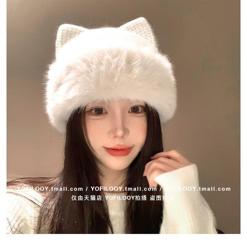 Women Winter Knit Hat With Cute Cat Ears Thick Warm Ear Protection