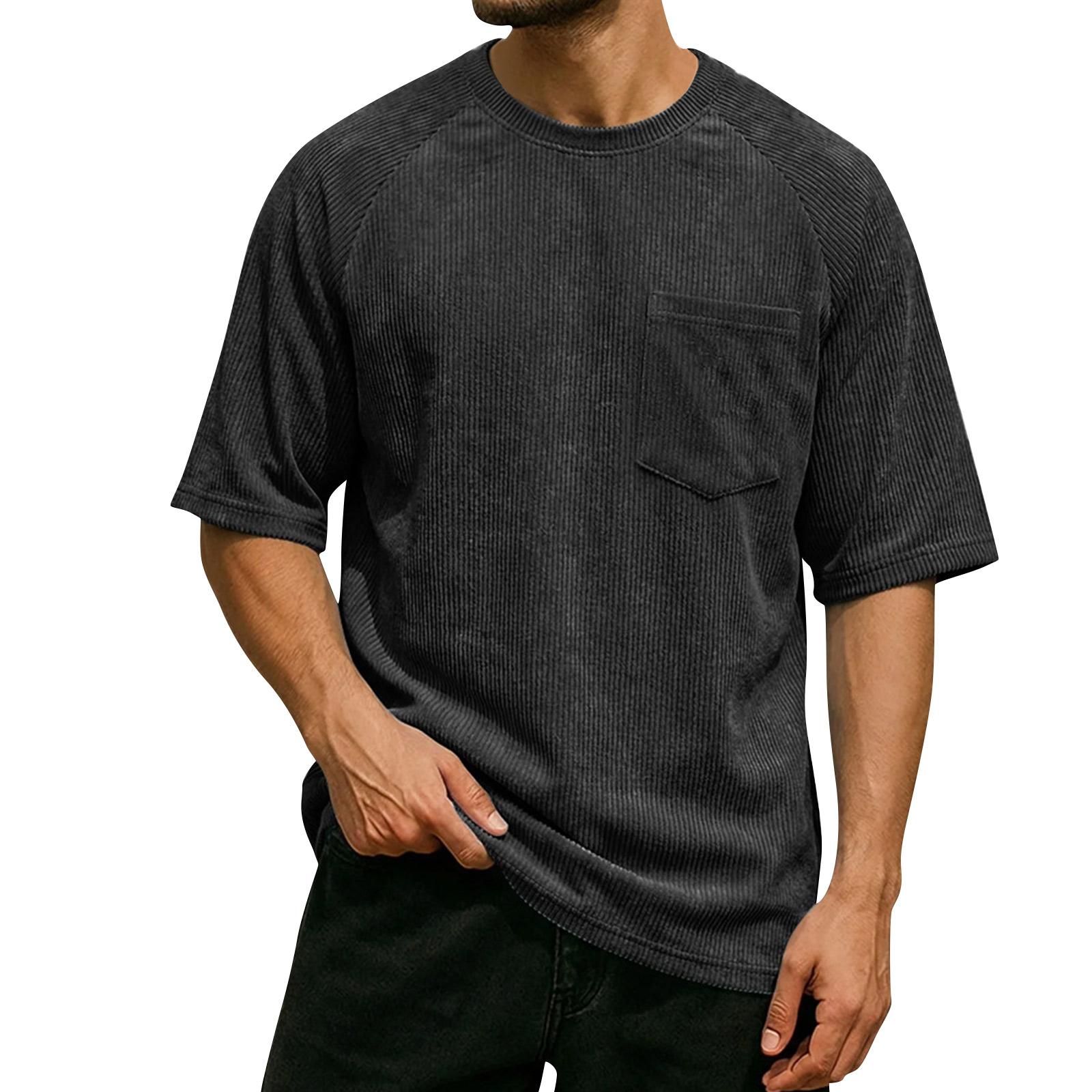 Men s Round Neck Top With Pockets  Casual  Comfortable  Loose-fitting Short-sleeved Shirt L чёрный