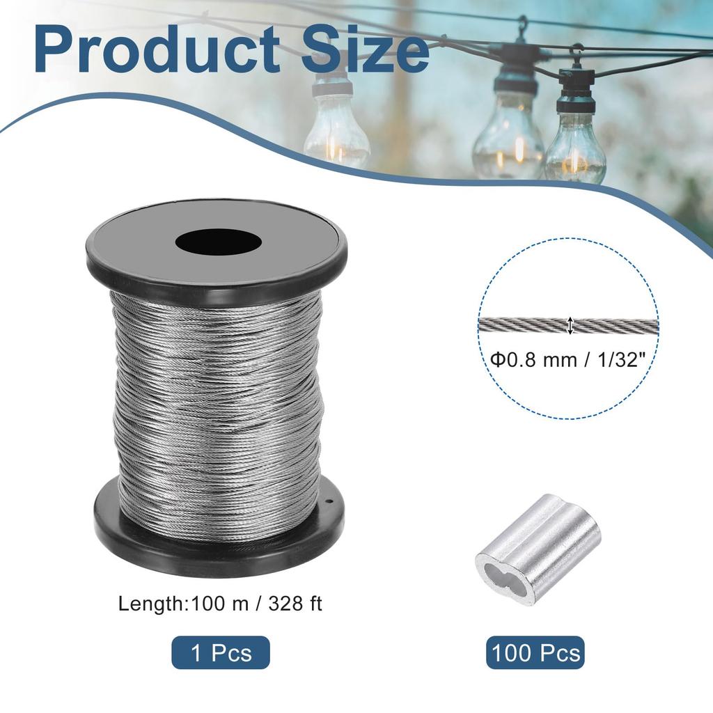 PATIKIL Wire 328 304 Stainless Polished Aircraft Wire Rope with 100 Clamp for Lighting Silver 1/32" Rope, Feet, Steel, Cable, Sleeves, Hanging,