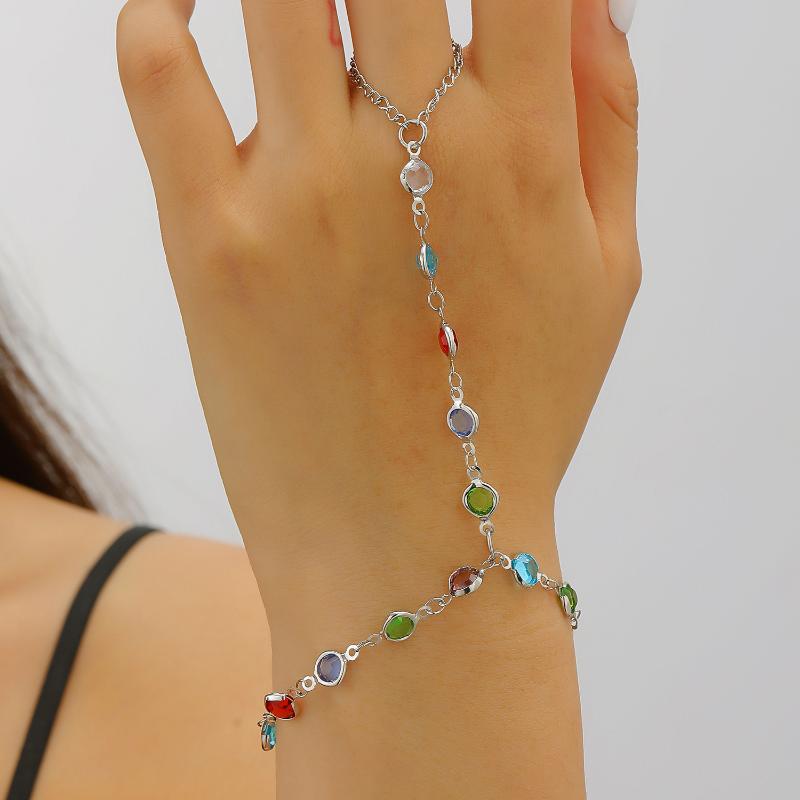 Pulsera Anillo de Cristal Grande Dorado Para Mujeres Cadena de Muñeca Joyería Cadena de Dorso de Mano