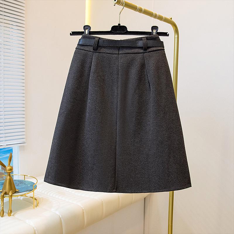 2026 Petite Plus Size Wool Pleated Midi Skirt - High Waist, Versatile School Style with Belt