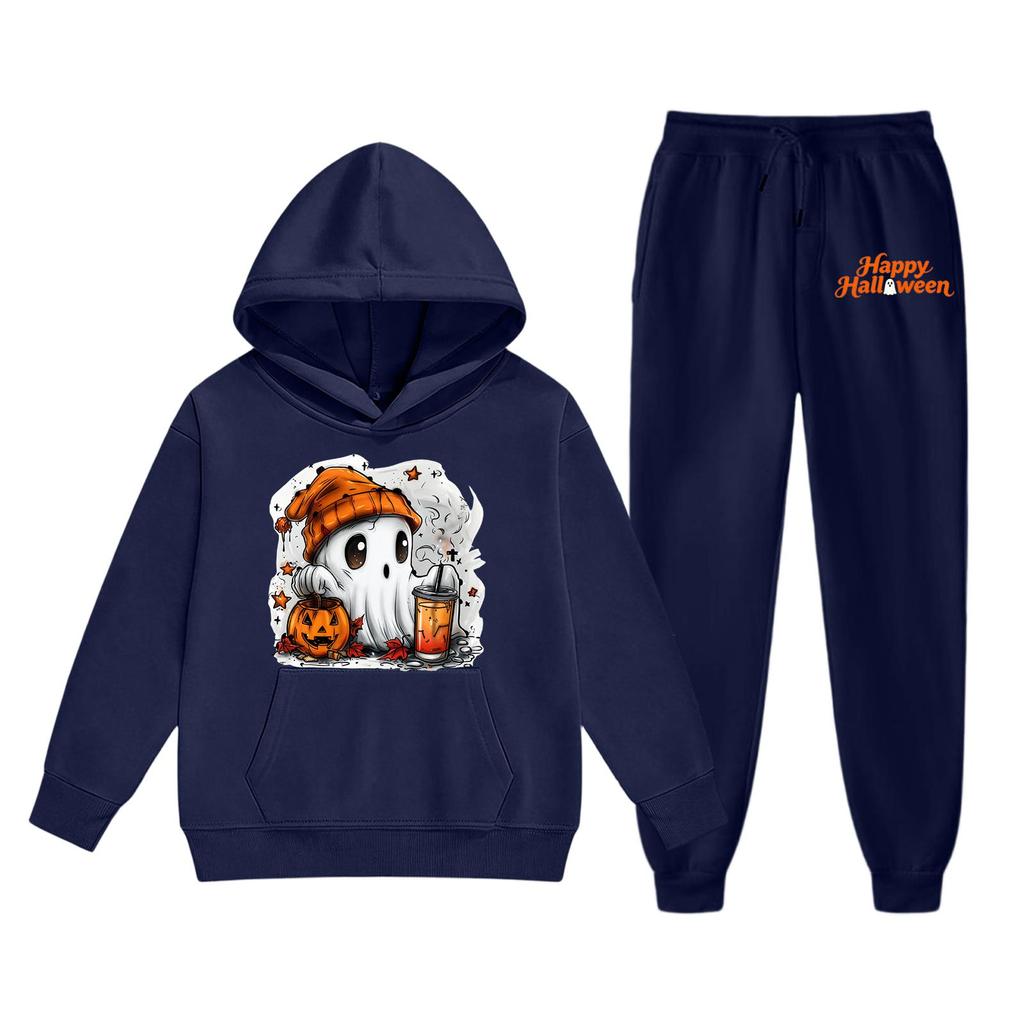 Kids Halloween Hoodie Set Ghost Print Pullover Sweatshirt with Matching Pants Comfortable Fit for Fall and Winter Seasonal Wear