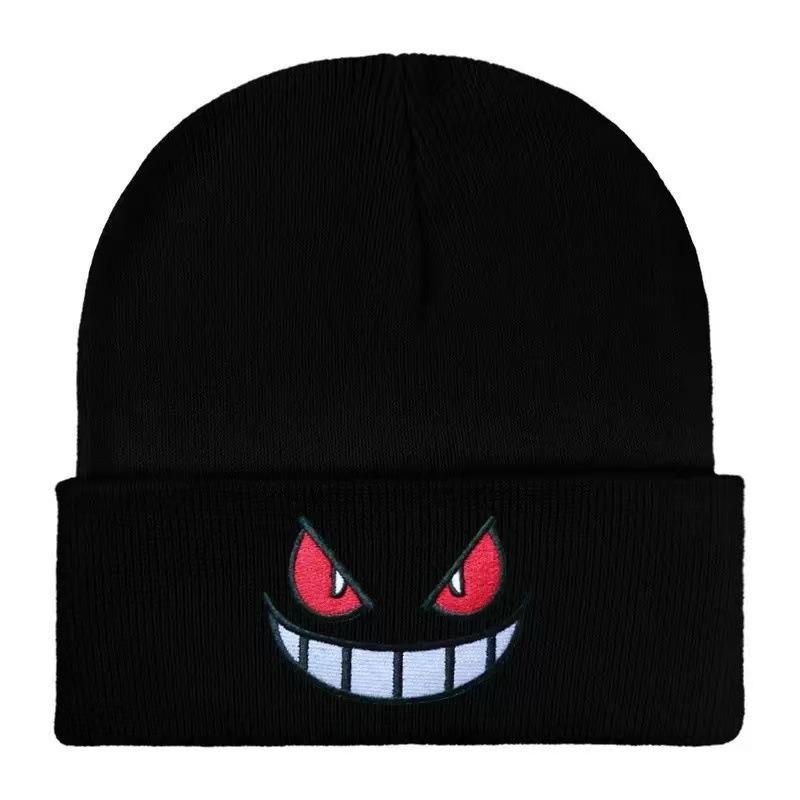 Devil smiley face label wool hat women's autumn and winter warm trend versatile ear protector black knitted hat