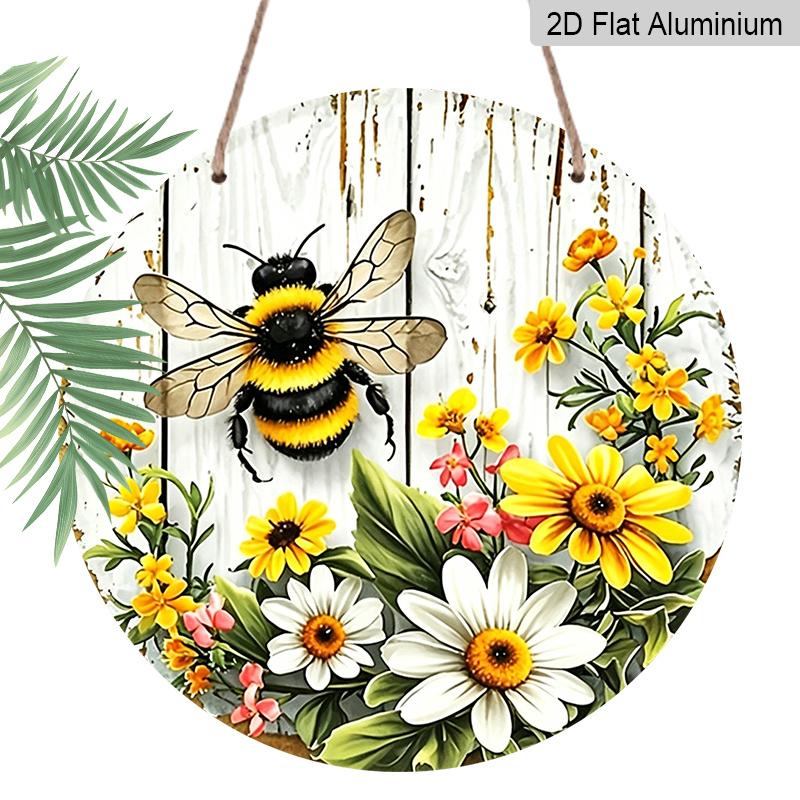 

2D Flat, Retro-style Round Aluminum Signboard, Available in Various Sizes. Sunflower Round Wall Decoration with Floral Design and Bee Motif. Suitable 20*20cm