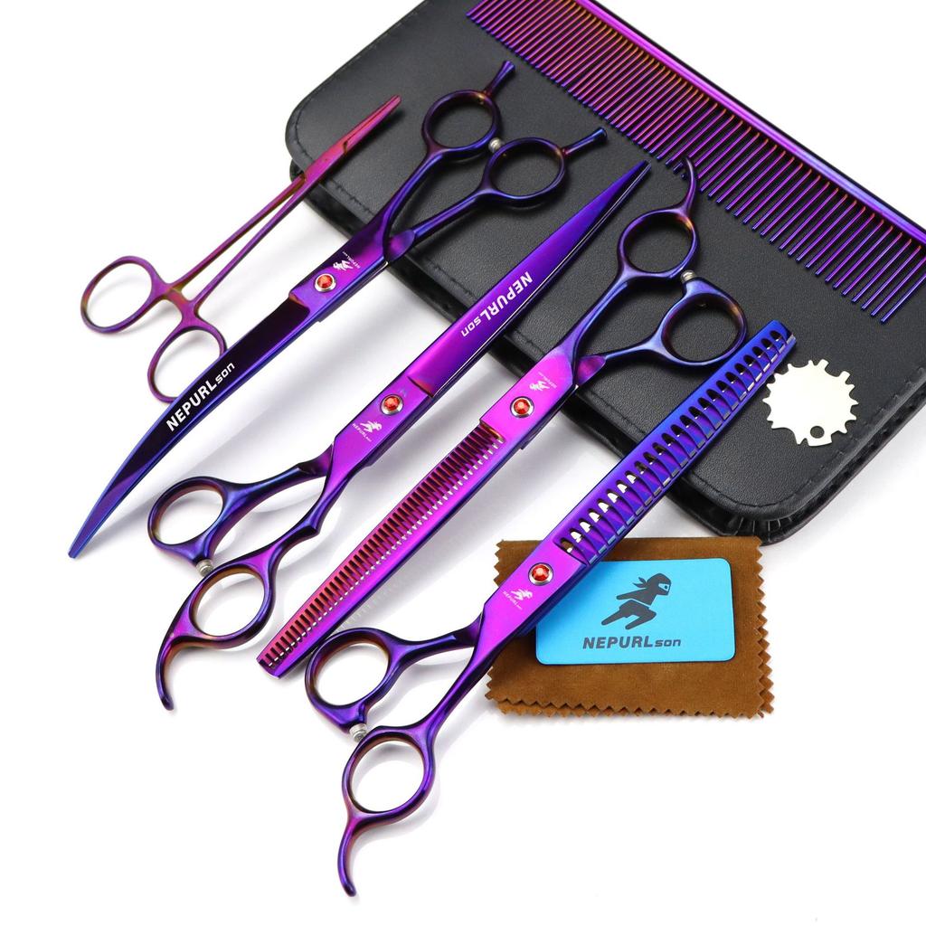 8.0 Inch Purple Pet Beauty Scissors Set, Flat Scissors, Curved Scissors, Thin Scissors, Multi-Colored 2 Teeth, 4 Fixed Logos.