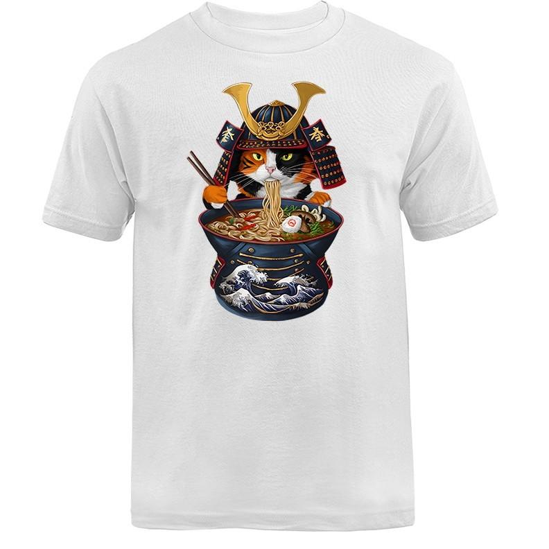 Samurai Cat Eating Ramen Noodle-Japanese Anime Manga T-shirt S