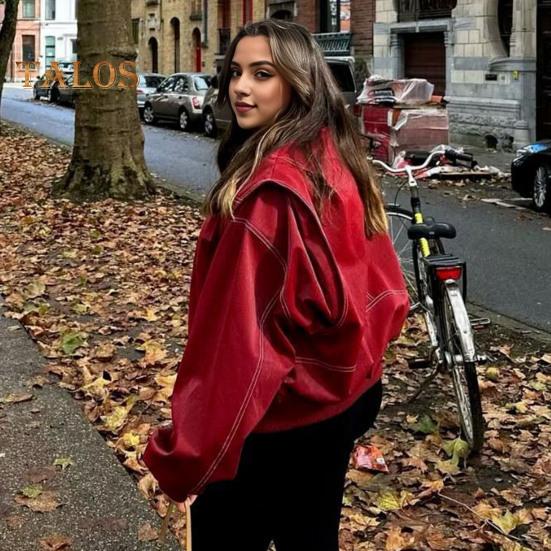 Lady Retro Coat Pure Color Turn-down Collar Zipper Closure Elastic Cuff And Hem Faux Leather Motocycle Jacket Outdoor Travel Coat