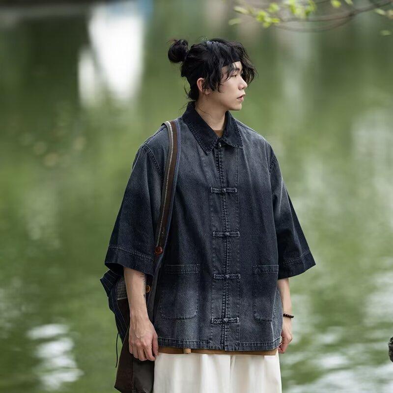 New Chinese style short-sleeved shirt men s denim button-up summer loose Mao suit shirt jacket S чёрный