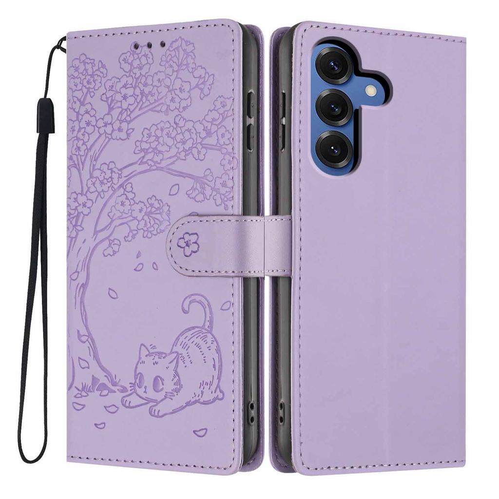 For Samsung Galaxy A37 5G Stand Case Tree-and-Cat Pattern PU Leather Wallet Protective Phone Cover with Wrist Strap