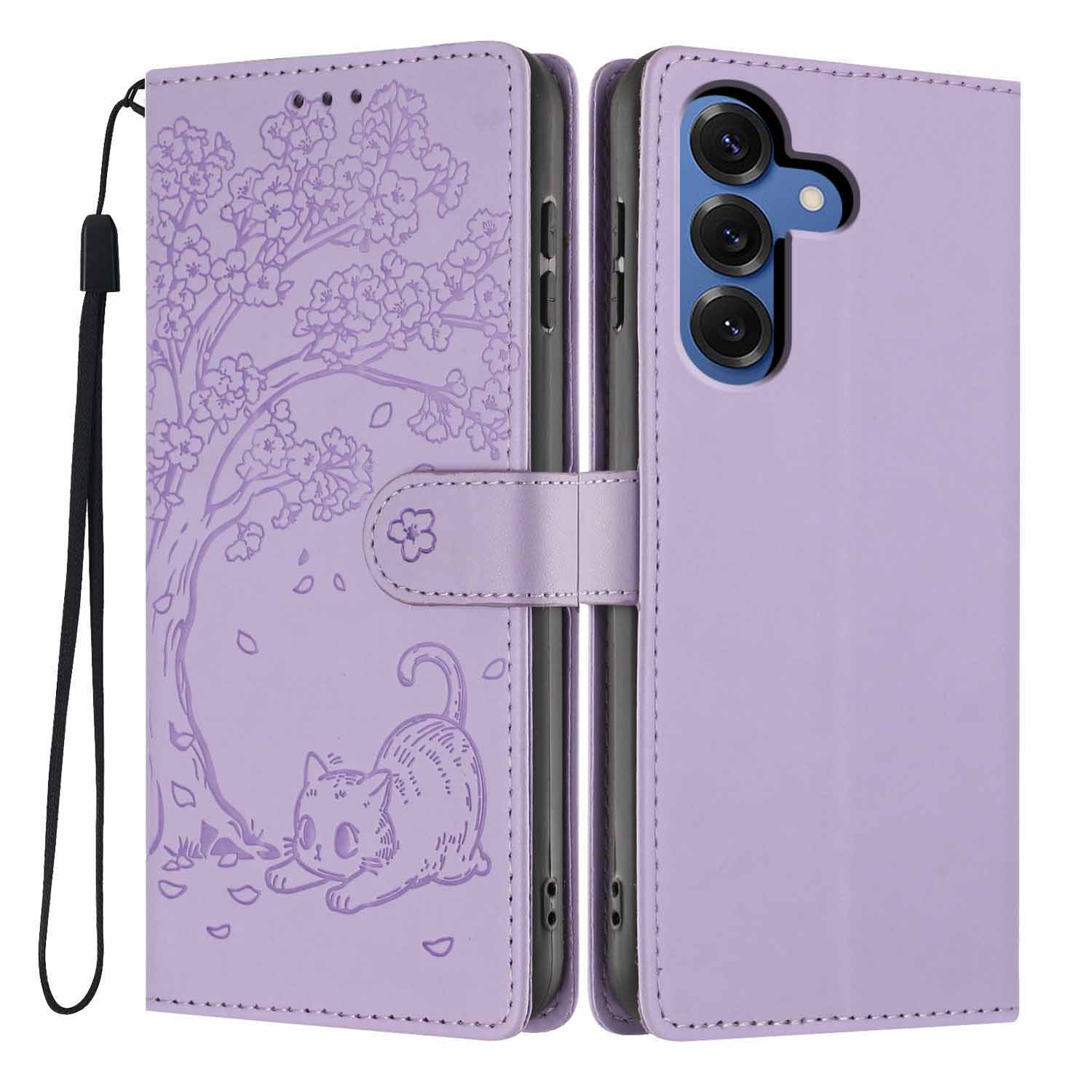 

For Samsung Galaxy A57 5G Stand Case Tree-and-Cat Pattern PU Leather Wallet Protective Phone Cover with Wrist Strap