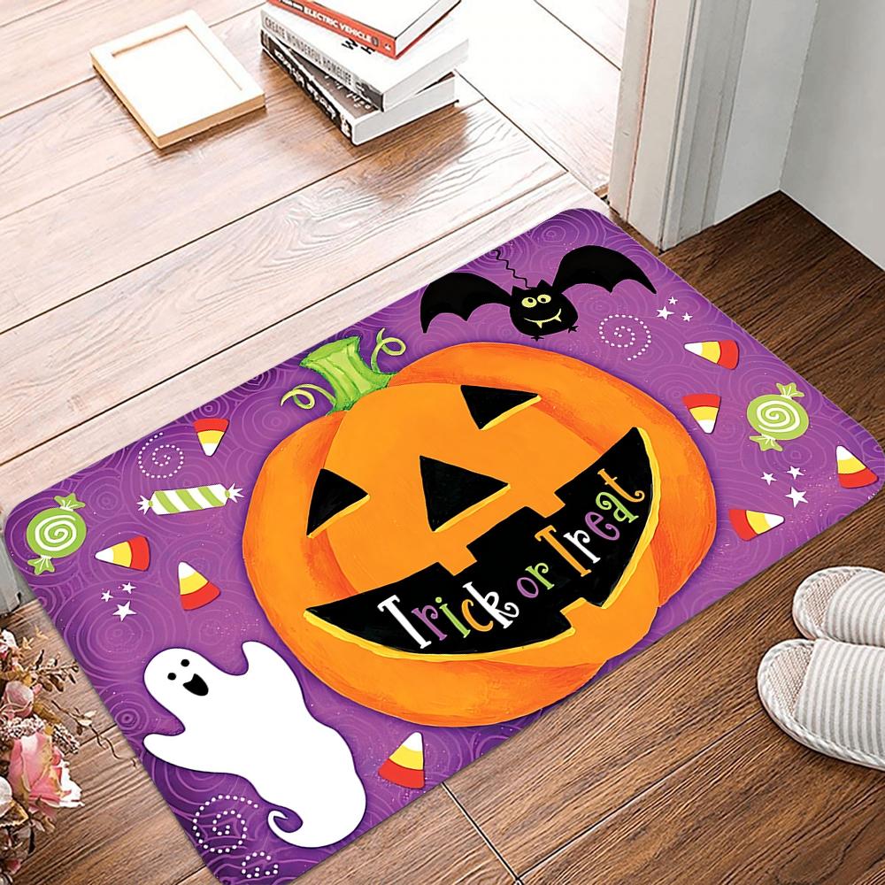 Halloween Pumpkin & Leaf Doormat Non-Slip Machine Washable Polyester Rug For Indoor/Outdoor Carpet For Living Room Bathroom