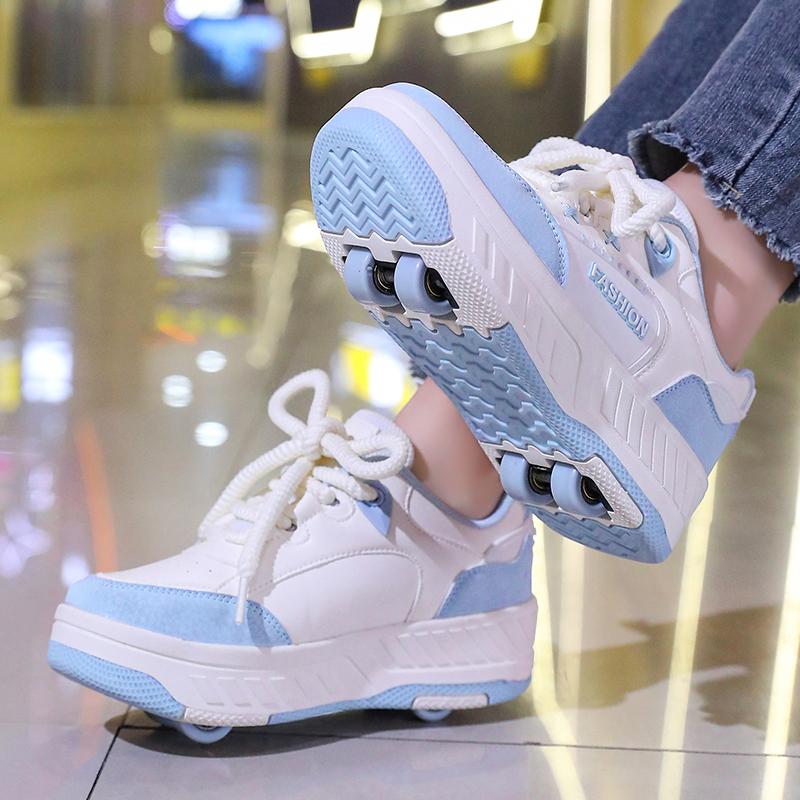 Boy's Rotating Button Four Wheel Skate Kids Shoes with Wheels Girl Skate Shoes