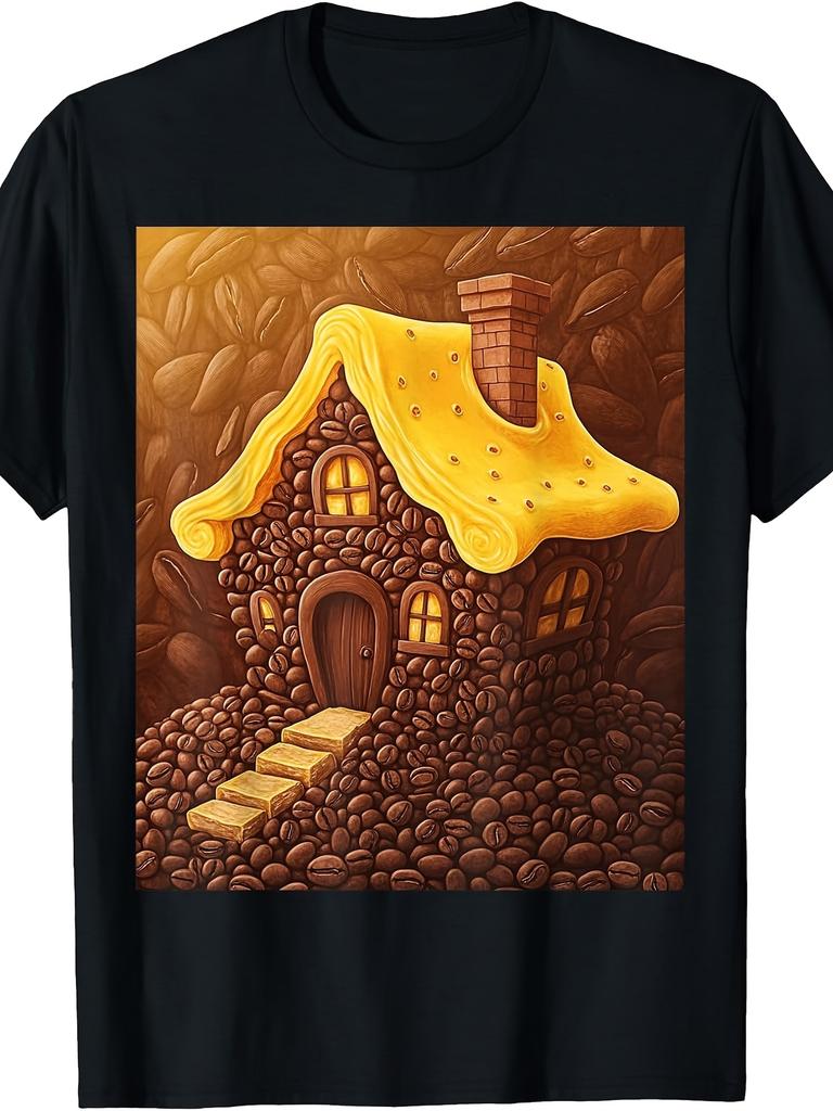 Whimsical Art Style, for Man's & Woman T-Shirt, Coffee Bean House with Melted Cheese Roof Design, Casual Daily Wear Season