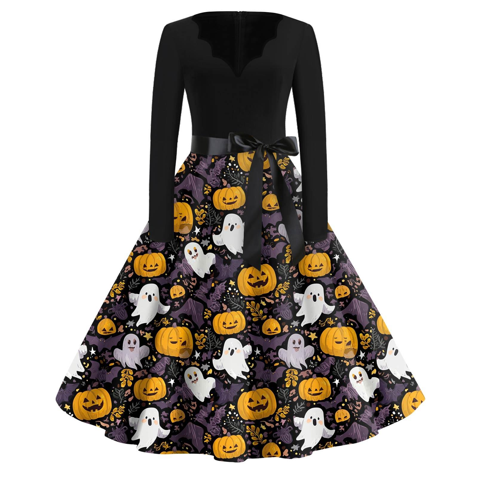 

Жіночі модні повсякденні тонкі сукні з довгими рукавами з принтом на Хеллоуїн з V-подібним вирізом L білий