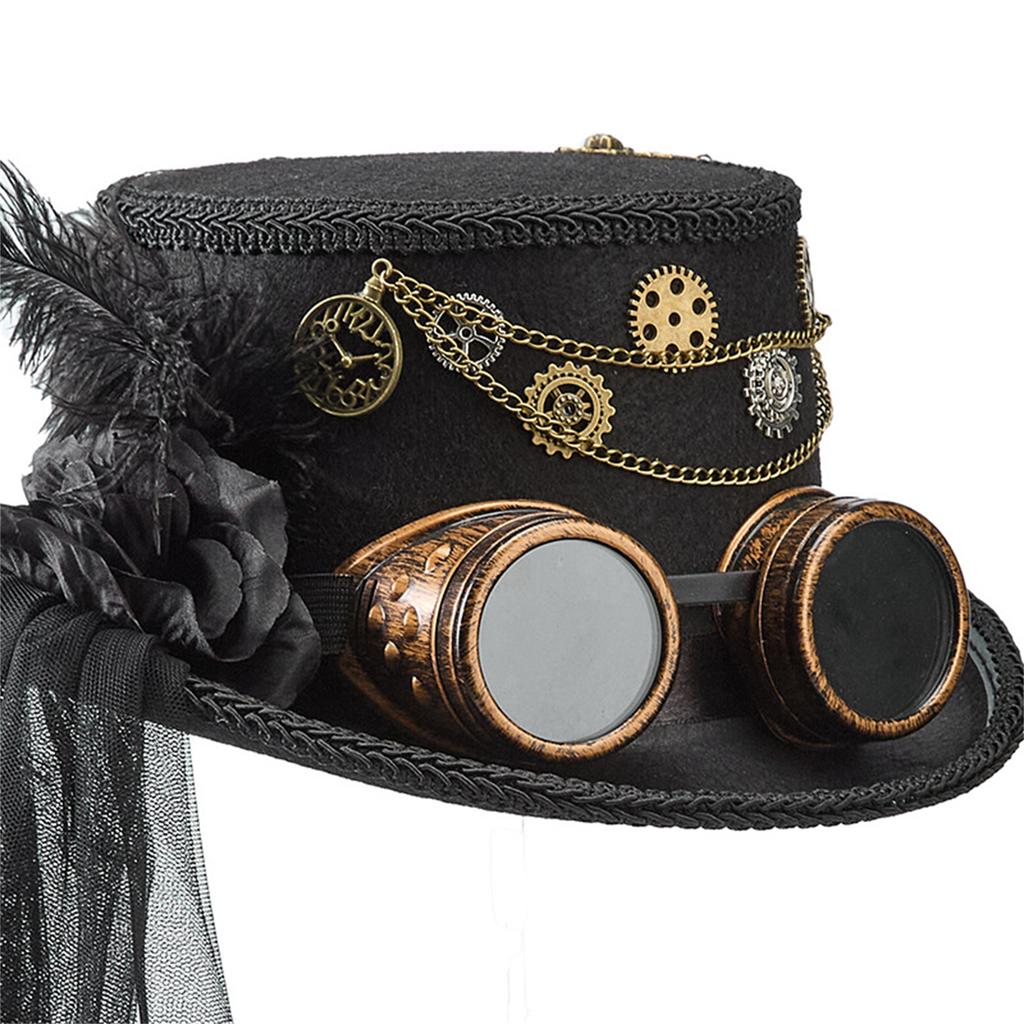 Gothic Lace Veil Tall Hat With Goggles and Metal Chain Gear Design Soft Wool Top Hat For Renaissances Fairs and Concerts