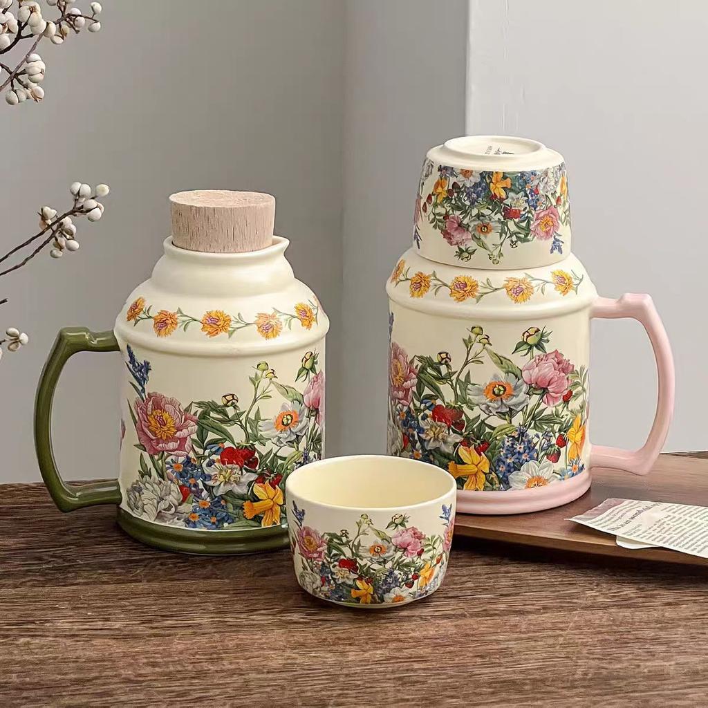 French Half-Summer Flower Blooming Mug With Lid Ceramic Kettle Tea Cup Office Retro Exquisite Cup Souvenir