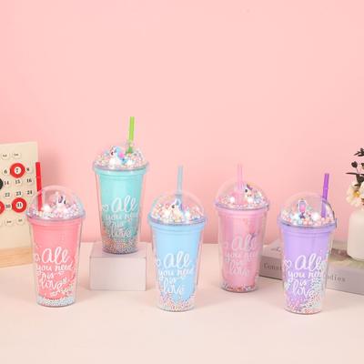 Summer New Student Sealed Double-Layer Straw Plastic Water Cup Creative Portable Portable Cup Rainbow Pony Cartoon Cup